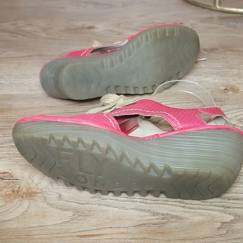 Fly London Luna Wedge Heel Red Open Toe Red Lace Up Sandals - Picture 6 of 14